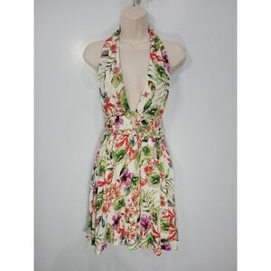 MOD Women White Tropical Floral Halter Deep V Open Back Dress Size S Mini Summer